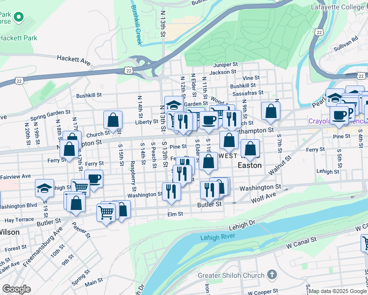 map of restaurants, bars, coffee shops, grocery stores, and more near 1203 Ferry Street in Easton