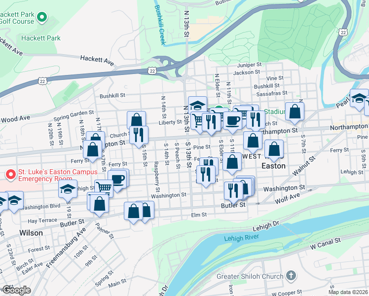 map of restaurants, bars, coffee shops, grocery stores, and more near 1251 Ferry Street in Easton