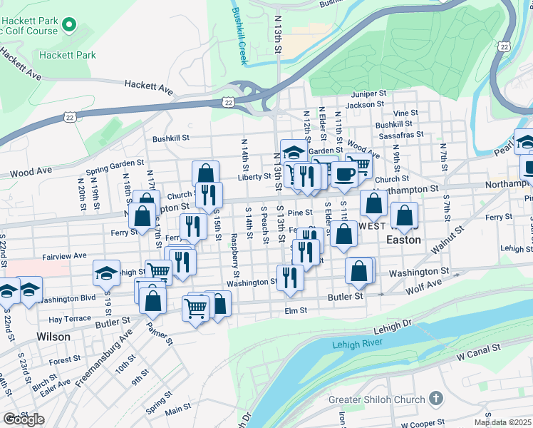 map of restaurants, bars, coffee shops, grocery stores, and more near 1343 Ferry Street in Easton