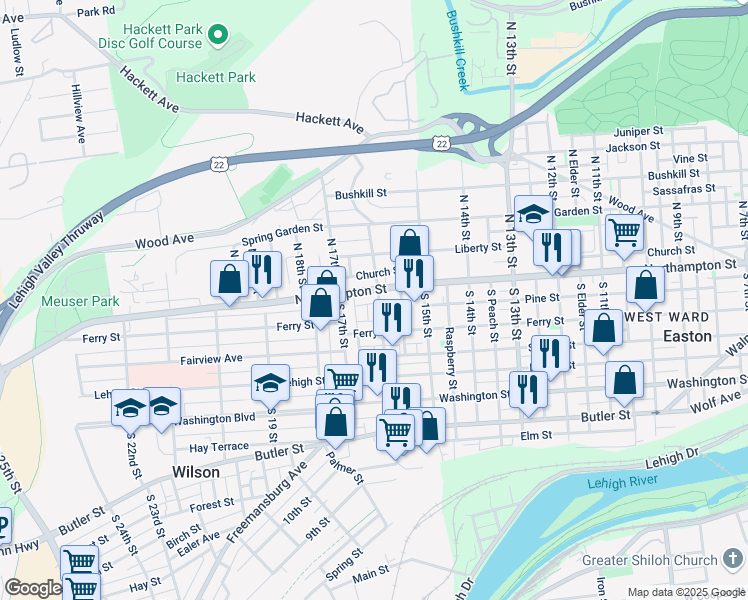 map of restaurants, bars, coffee shops, grocery stores, and more near 29 South 16th Street in Easton