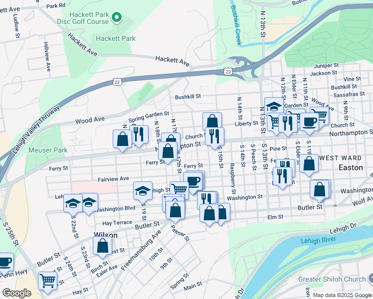 map of restaurants, bars, coffee shops, grocery stores, and more near 30 South 17th Street in Easton