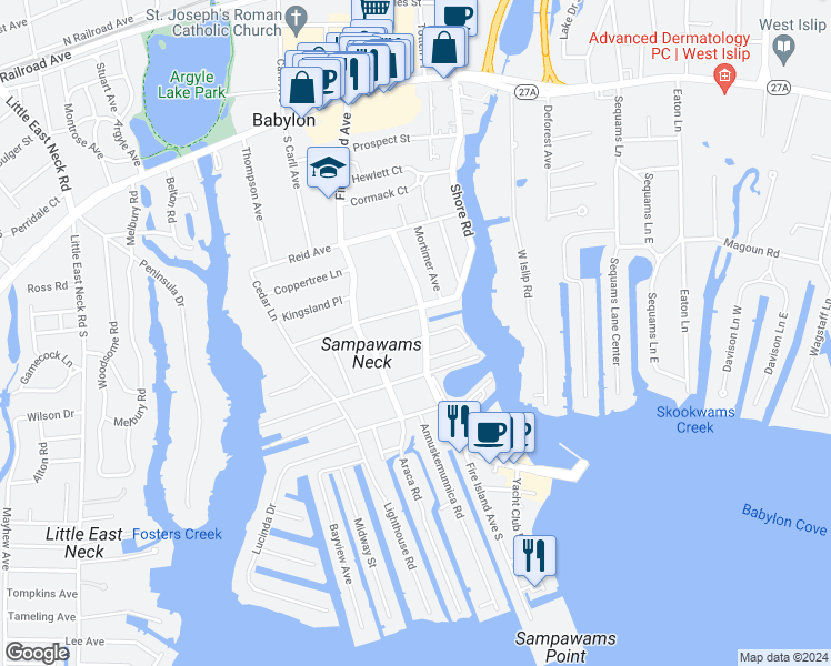map of restaurants, bars, coffee shops, grocery stores, and more near 312 Fire Island Avenue in Babylon