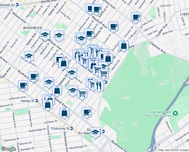 map of restaurants, bars, coffee shops, grocery stores, and more near 1238 Decatur Street in Brooklyn
