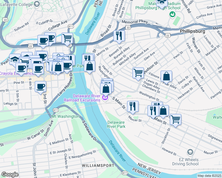 map of restaurants, bars, coffee shops, grocery stores, and more near 30 Brainard Street in Phillipsburg