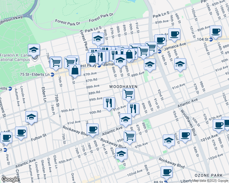 map of restaurants, bars, coffee shops, grocery stores, and more near 8503 89th Avenue in Queens