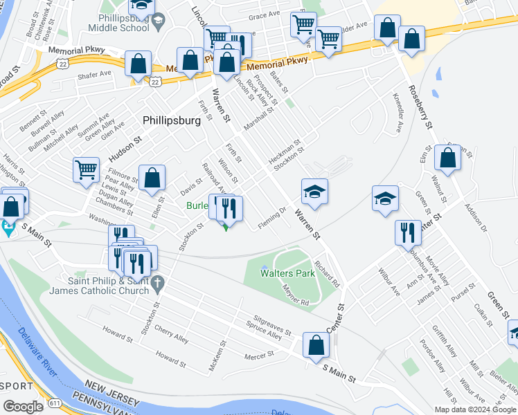 map of restaurants, bars, coffee shops, grocery stores, and more near 413 Wilson Street in Phillipsburg