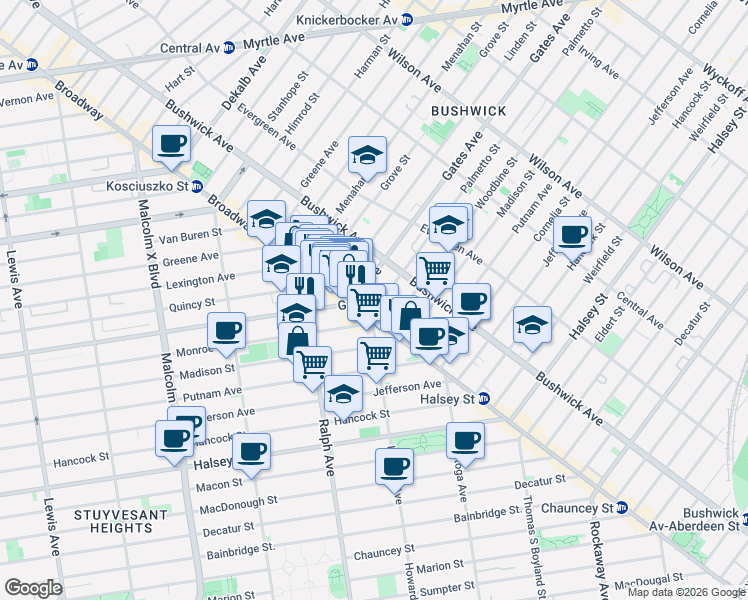 map of restaurants, bars, coffee shops, grocery stores, and more near 1390 Broadway in Brooklyn