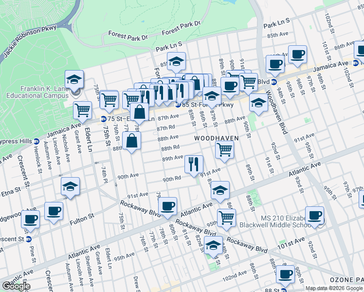 map of restaurants, bars, coffee shops, grocery stores, and more near 80-37 89th Avenue in Queens