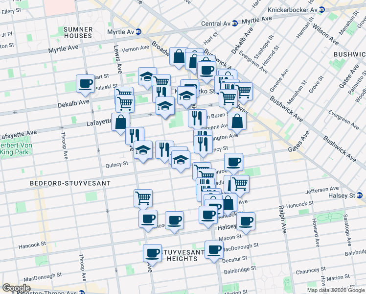 map of restaurants, bars, coffee shops, grocery stores, and more near 710 Quincy Street in Brooklyn