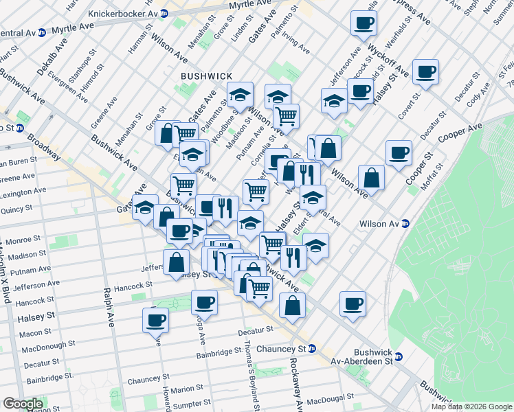 map of restaurants, bars, coffee shops, grocery stores, and more near 565 Evergreen Avenue in Brooklyn