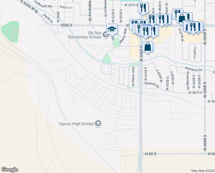 map of restaurants, bars, coffee shops, grocery stores, and more near 8604 West Beckville Drive in Magna