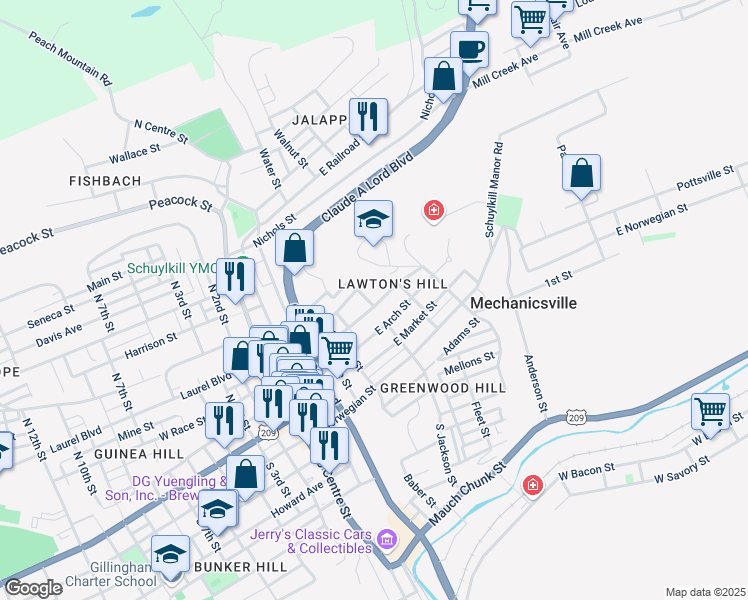 map of restaurants, bars, coffee shops, grocery stores, and more near 300 North Jackson Street in Pottsville