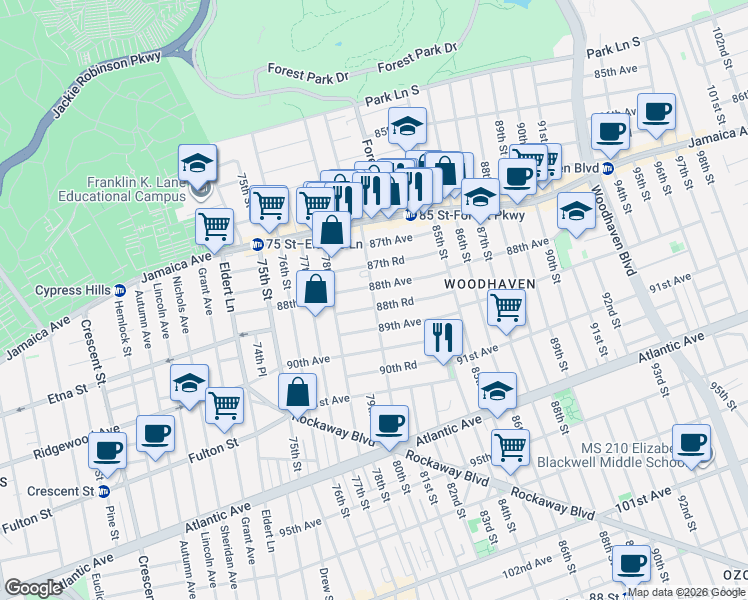map of restaurants, bars, coffee shops, grocery stores, and more near 88-38 80th Street in Queens