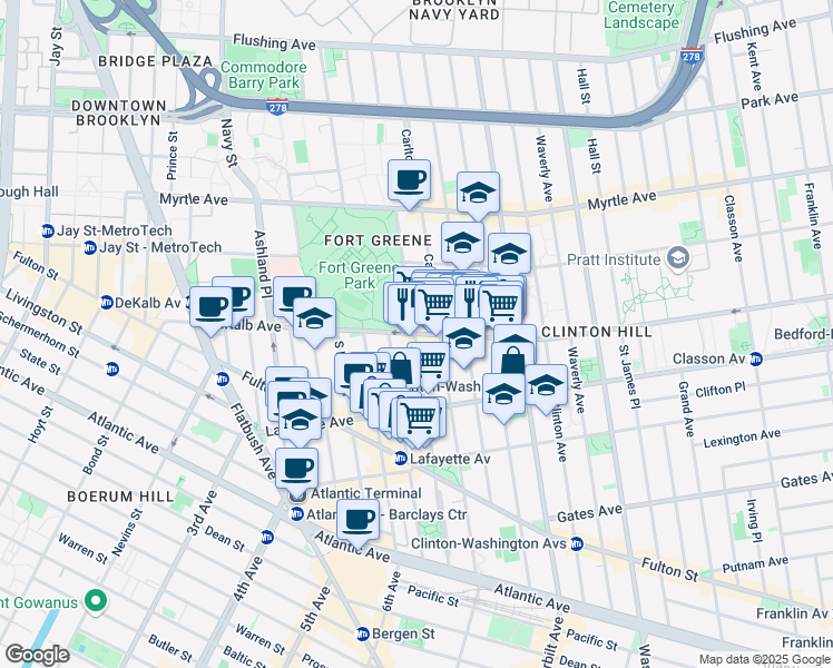 map of restaurants, bars, coffee shops, grocery stores, and more near Dekalb Avenue in Brooklyn