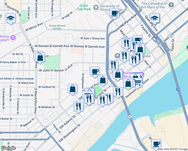 map of restaurants, bars, coffee shops, grocery stores, and more near 501 Southwest Jefferson Avenue in Peoria
