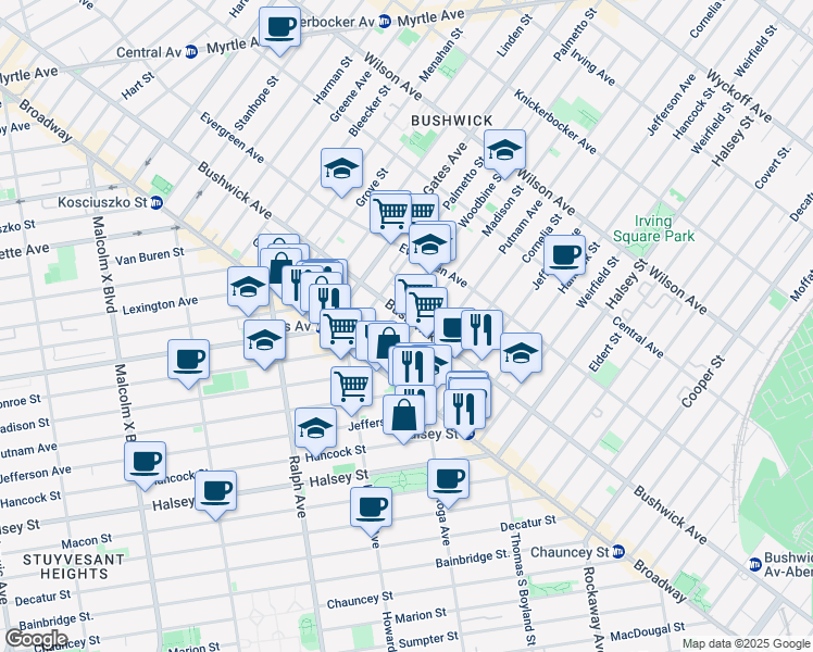 map of restaurants, bars, coffee shops, grocery stores, and more near 984 Madison Street in Brooklyn