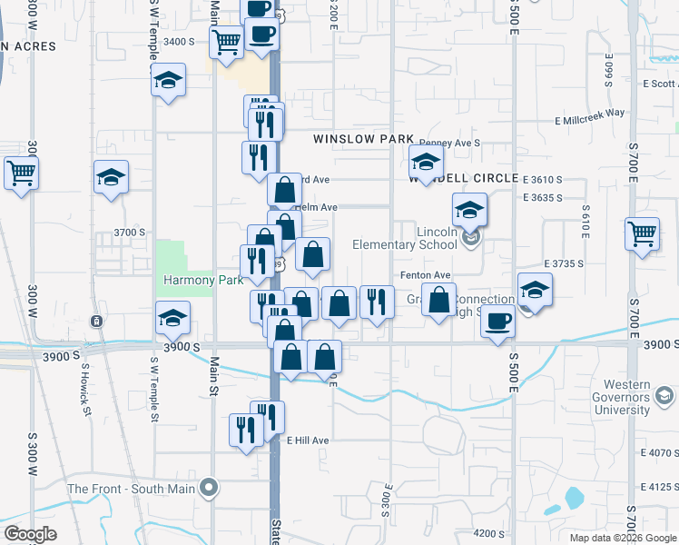 map of restaurants, bars, coffee shops, grocery stores, and more near 3733 South 200 East in Salt Lake City
