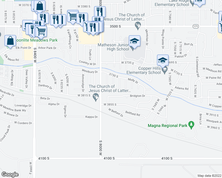 map of restaurants, bars, coffee shops, grocery stores, and more near 3782 West Filly Bay in Magna