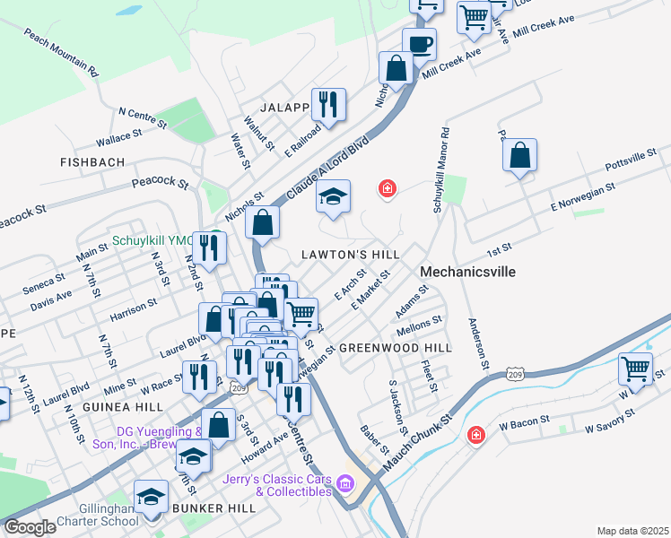 map of restaurants, bars, coffee shops, grocery stores, and more near 300 North Jackson Street in Pottsville