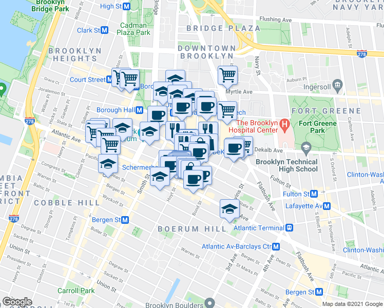 map of restaurants, bars, coffee shops, grocery stores, and more near Livingston St & Hoyt St in Brooklyn