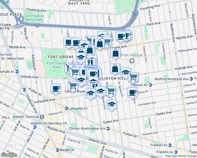 map of restaurants, bars, coffee shops, grocery stores, and more near 288 Clinton Avenue in Brooklyn