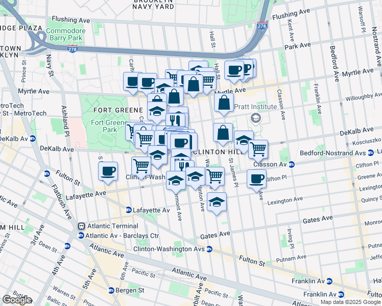 map of restaurants, bars, coffee shops, grocery stores, and more near 288 Clinton Avenue in Brooklyn