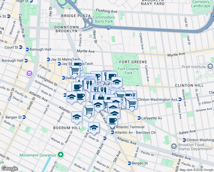 map of restaurants, bars, coffee shops, grocery stores, and more near 201 1/2 Ashland Place in Brooklyn