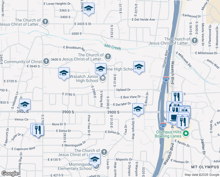 map of restaurants, bars, coffee shops, grocery stores, and more near 3113 Upland Drive in Salt Lake City