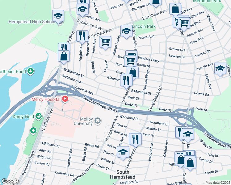 map of restaurants, bars, coffee shops, grocery stores, and more near 33 Alabama Avenue in Hempstead