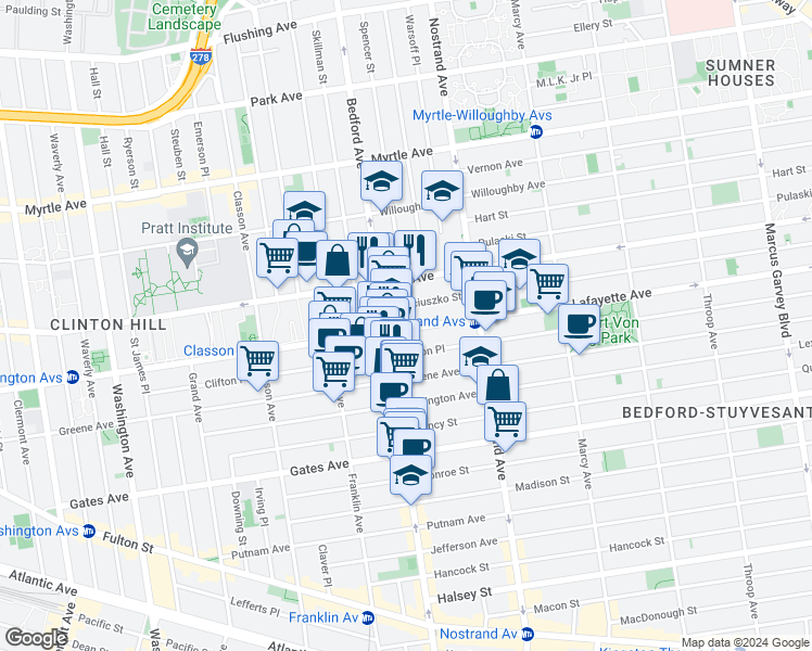 map of restaurants, bars, coffee shops, grocery stores, and more near 1068 Bedford Avenue in Brooklyn