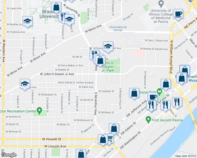 map of restaurants, bars, coffee shops, grocery stores, and more near 115 North McReynolds Court in Peoria