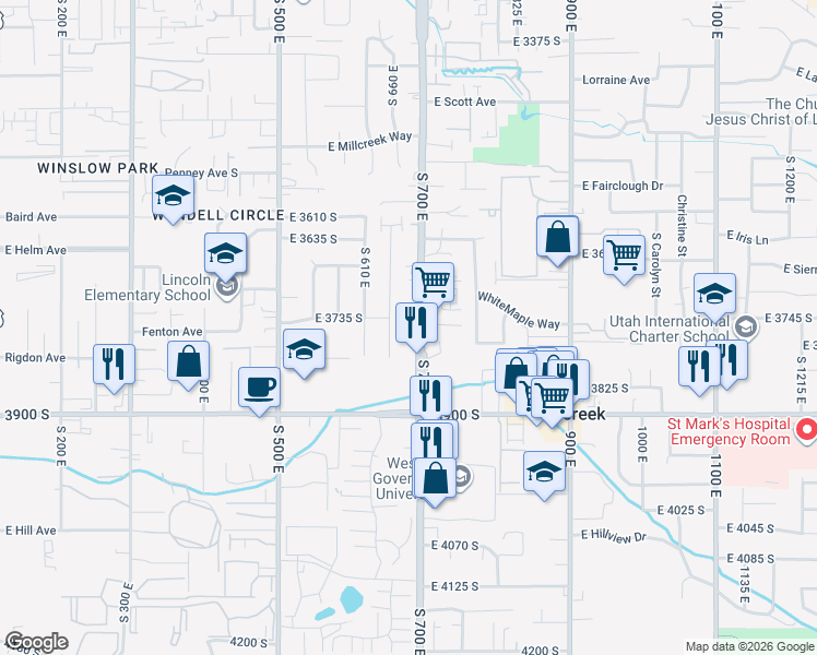 map of restaurants, bars, coffee shops, grocery stores, and more near 3776 South 700 East in South Salt Lake