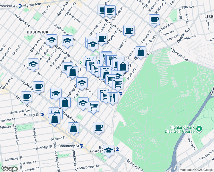 map of restaurants, bars, coffee shops, grocery stores, and more near 1236 Decatur Street in Brooklyn