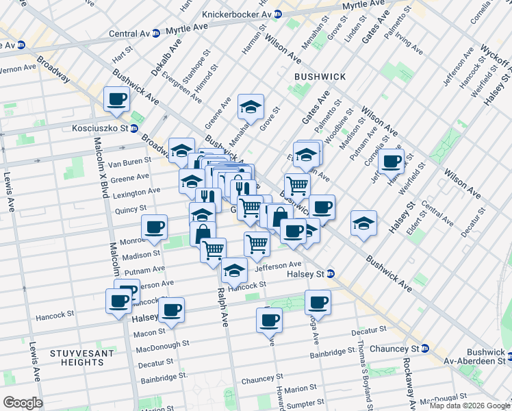 map of restaurants, bars, coffee shops, grocery stores, and more near 1390 Broadway in Brooklyn