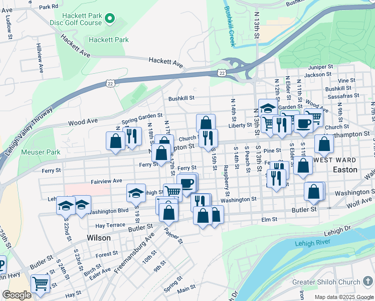 map of restaurants, bars, coffee shops, grocery stores, and more near 29 South 16th Street in Easton