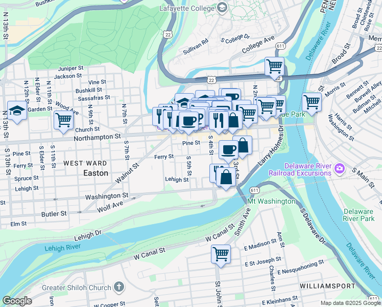 map of restaurants, bars, coffee shops, grocery stores, and more near 56 South 5th Street in Easton