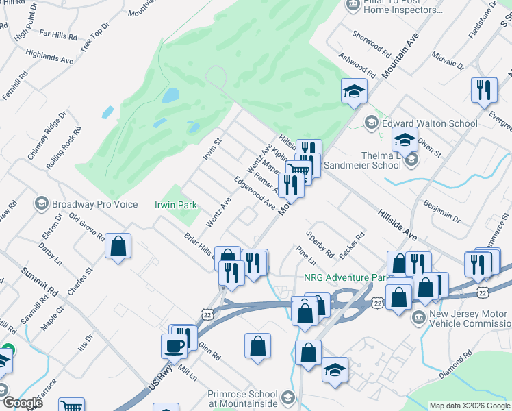 map of restaurants, bars, coffee shops, grocery stores, and more near 26 Winfield Way in Springfield