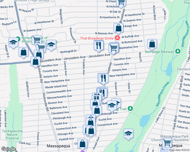 map of restaurants, bars, coffee shops, grocery stores, and more near 163 New Hampshire Avenue in Massapequa