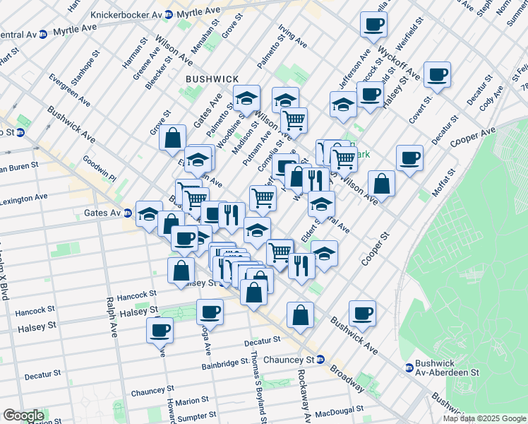 map of restaurants, bars, coffee shops, grocery stores, and more near 565 Evergreen Avenue in Brooklyn