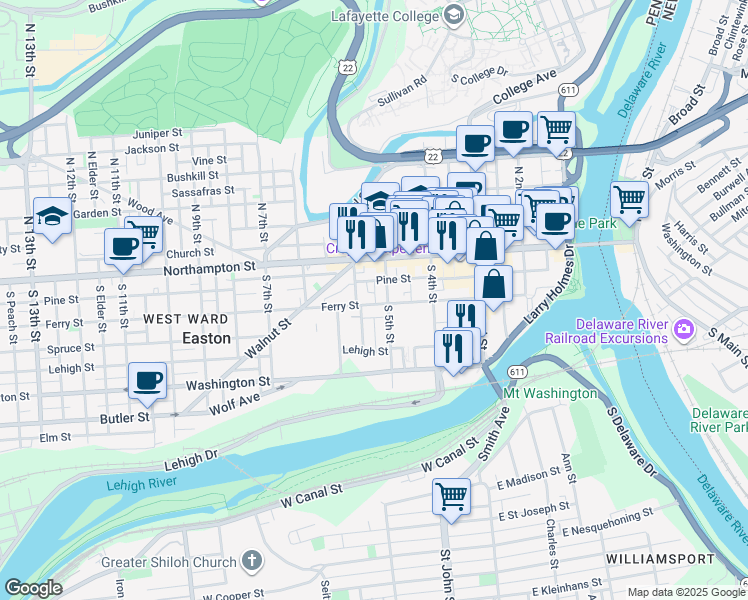 map of restaurants, bars, coffee shops, grocery stores, and more near 121 South 5th Street in Easton