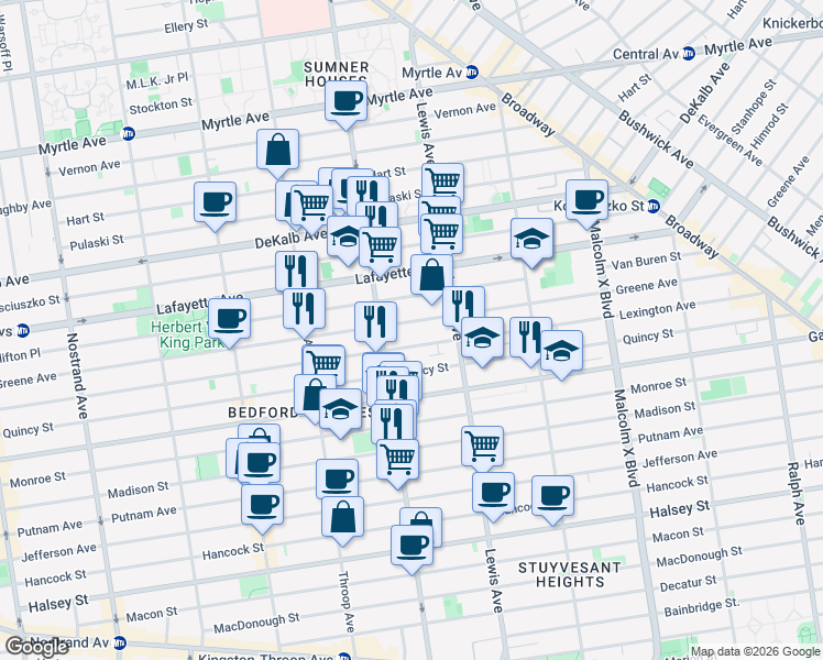 map of restaurants, bars, coffee shops, grocery stores, and more near 554A Lexington Avenue in Brooklyn