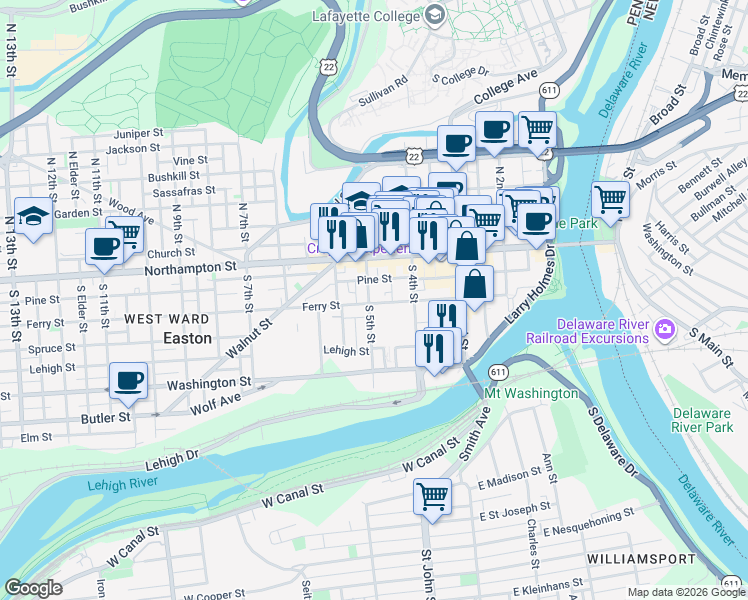 map of restaurants, bars, coffee shops, grocery stores, and more near 56 South 5th Street in Easton