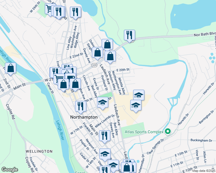 map of restaurants, bars, coffee shops, grocery stores, and more near 1816 Laubach Avenue in Northampton