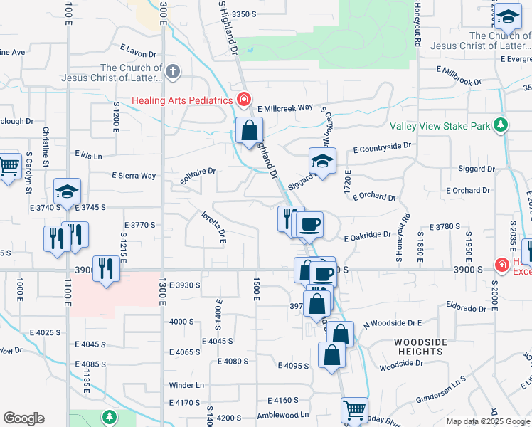 map of restaurants, bars, coffee shops, grocery stores, and more near 3750 Highland Drive in Millcreek