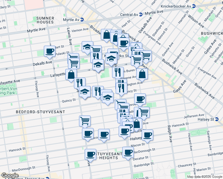 map of restaurants, bars, coffee shops, grocery stores, and more near 710 Quincy Street in Brooklyn
