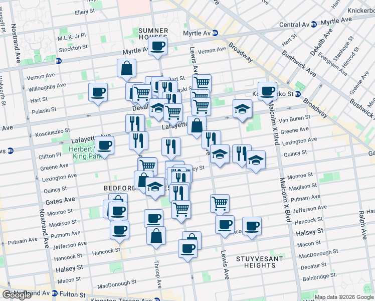map of restaurants, bars, coffee shops, grocery stores, and more near 554A Lexington Avenue in Brooklyn