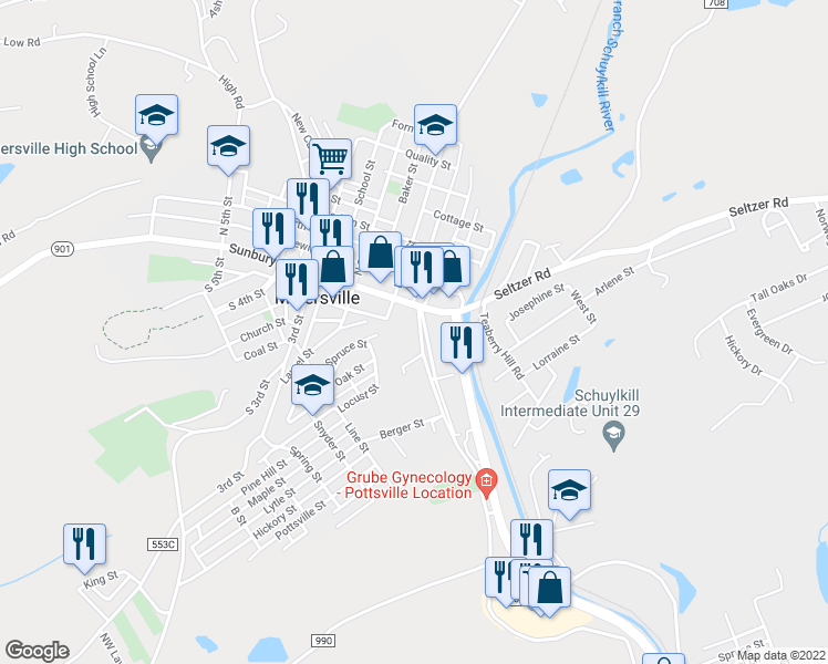 map of restaurants, bars, coffee shops, grocery stores, and more near 26 Westwood Street in Minersville