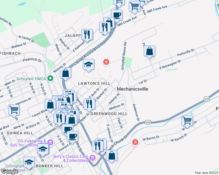 map of restaurants, bars, coffee shops, grocery stores, and more near 573 East Market Street in Pottsville