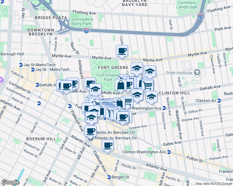 map of restaurants, bars, coffee shops, grocery stores, and more near Dekalb Ave & S Oxford St in Brooklyn