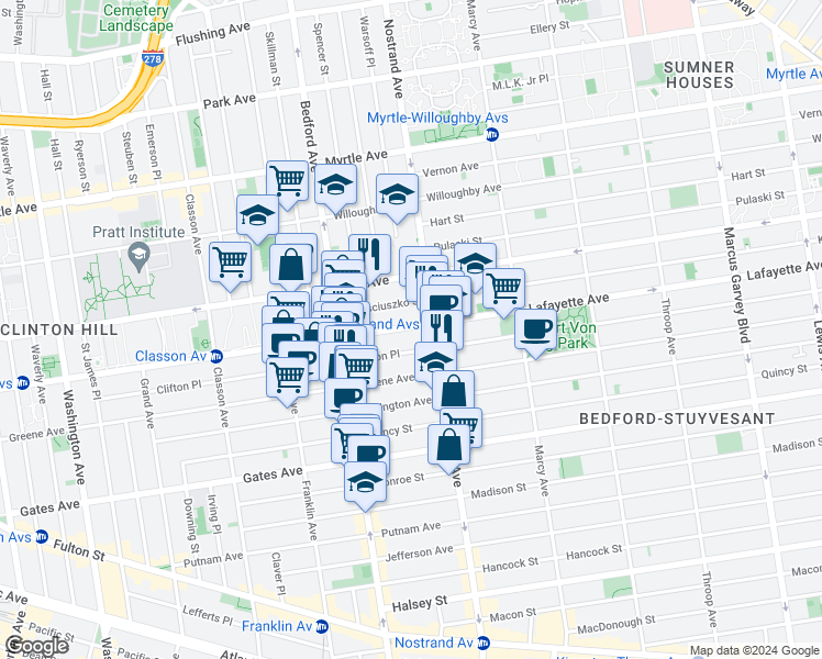 map of restaurants, bars, coffee shops, grocery stores, and more near 562A Lafayette Avenue in Brooklyn